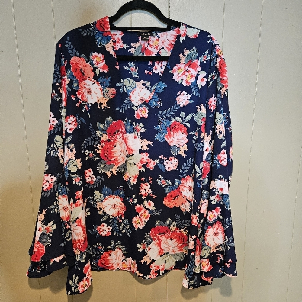 IMAN Plus Size 1X Navy Floral Bell Sleeve Top, Oversized, Flowy